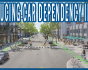Illustration of a street scene featuring a parking-protected bike lane