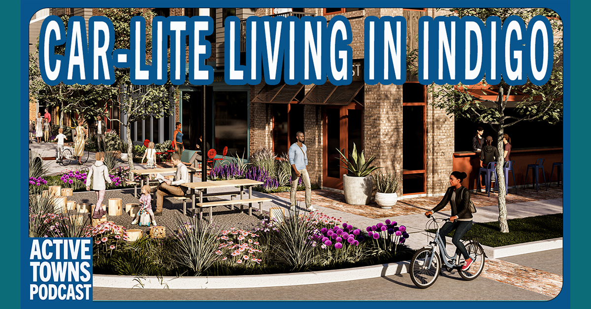 An illustration of a people-oriented area with people walking and biking and kids playing