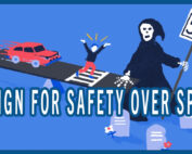 A cartoon illustration of a speeding car about to hit a pedestrian in a crosswalk, with a grim reaper character in the foreground holding a 55 mph sign