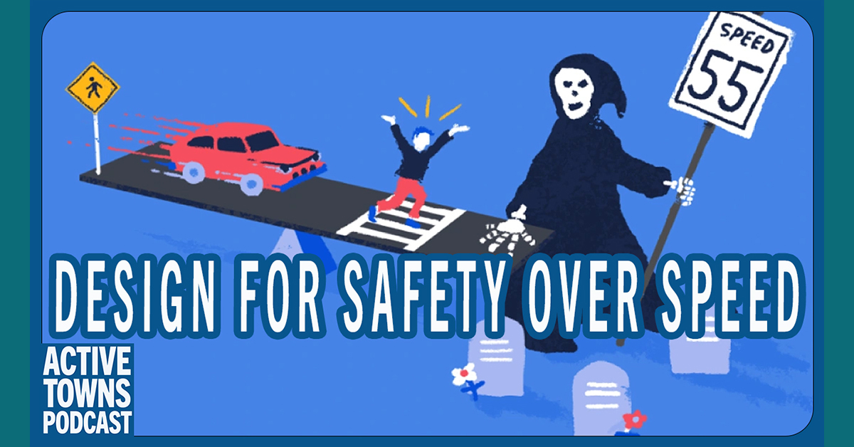 A cartoon illustration of a speeding car about to hit a pedestrian in a crosswalk, with a grim reaper character in the foreground holding a 55 mph sign